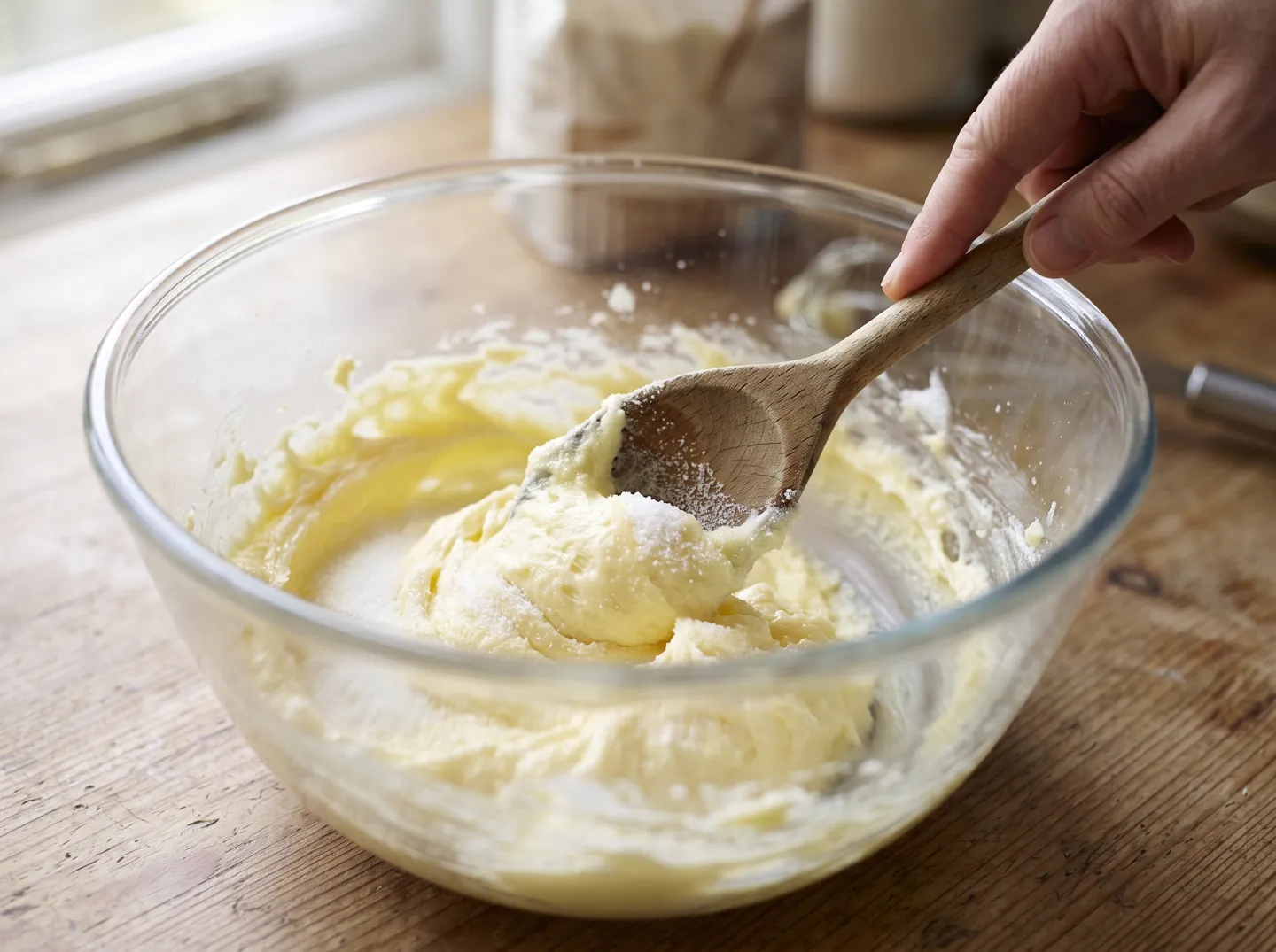 Close-up of soft butter and caster sugar being creamed in a bowl with a wooden spoon, the mixture pale and fluffy