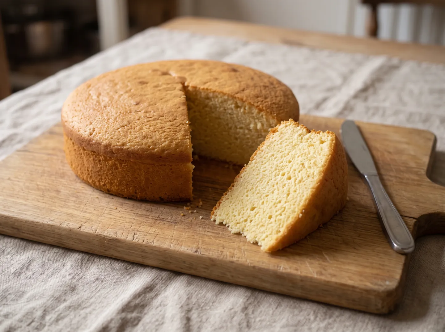 A sliced round sponge cake on a board, the cut face showing a soft, even crumb full of small holes