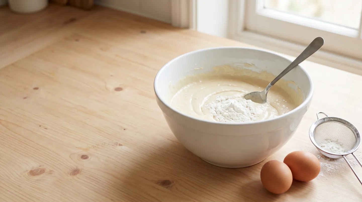 A ceramic mixing bowl of pale cake batter on a wooden worktop, a metal spoon folding in flour, with eggs and a sieve nearby in soft daylight